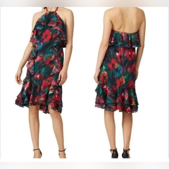 Jason Wu Collective Blurred Floral Retro Artsy Halter Neck Ruffle Mini Dress 2 - Picture 10 of 10